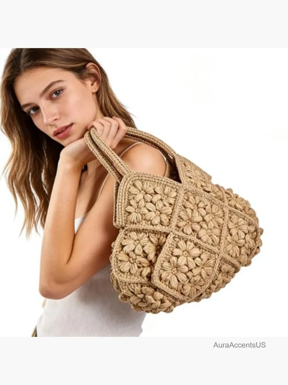 Crochet Floral Panel Hobo Bag in Beige